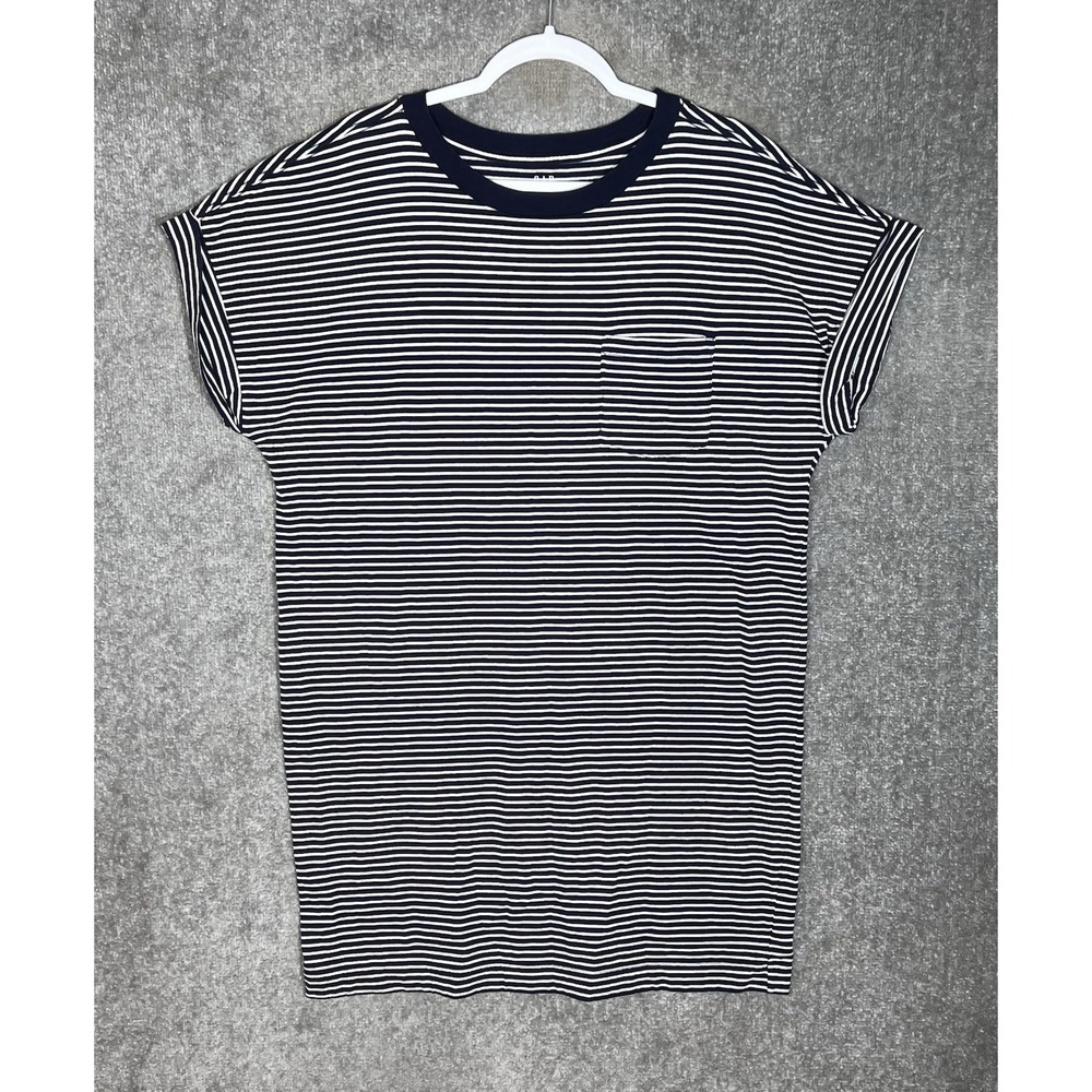 Gap Short Sleeve Pocket Tee Shirt Dress Womens Sz L Navy Blue Striped Cotton